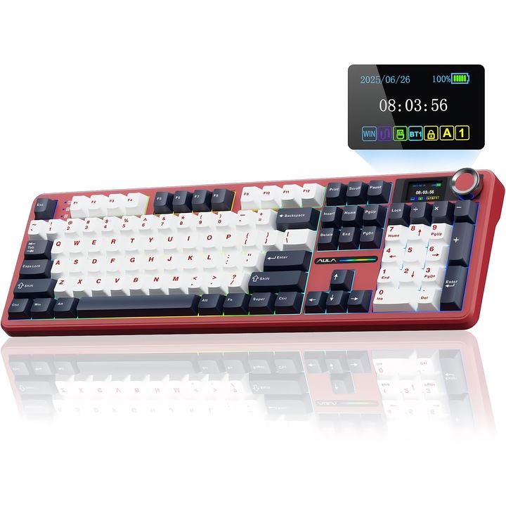 Tastatura mecanica AULA F108 PRO, full-size 108 taste, negru/rosu, 3 moduri (BT/2.4G/USB-C), hot-swap complet, Gasket, RGB, ecran 1,14” + buton, baterie 8000mAh