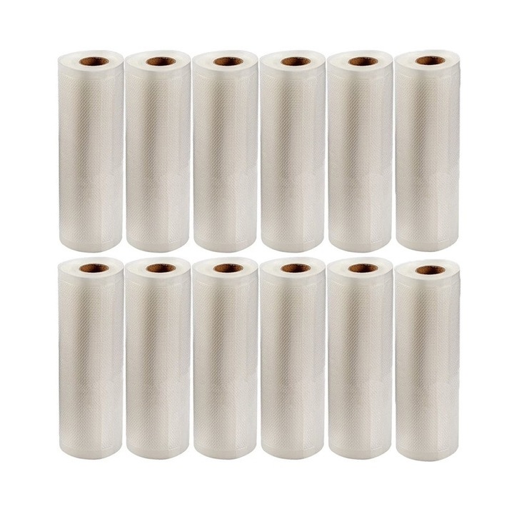 Set 12 role pungi universale pentru vidat si sigilat alimente, NEXTLY, gofrate, lavabile, conservare optima, fructe, legume, carne, mancare, compatibilitate universala, rezistenta la inghet si caldura, 500x28cm