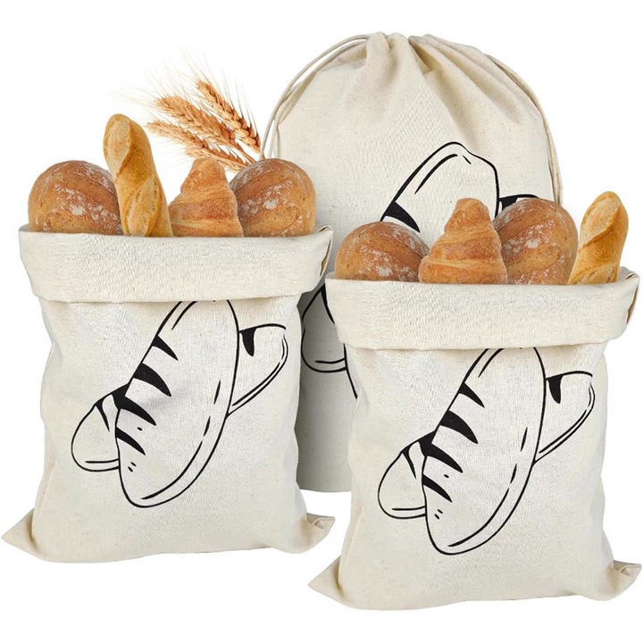 Sac Pentru Paine, BOMSTOM, Set de 3 piese, Bumbac, Ecologic, Pentru Depozitarea Painii, Rulouri, Practic, Usor De Utilizat, 40x30cm, Bej