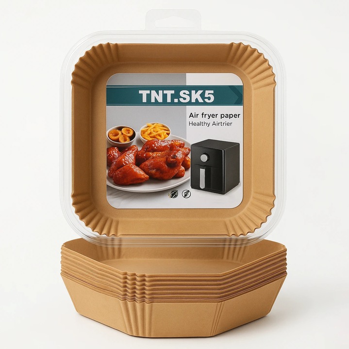 Set 50 Hartii de Copt pentru Air Fryer, Patrate 20×20×4.5 cm, Termorezistente, in Suport din Plastic cu Capac – Ideale pentru Friteuze cu Aer, Gatit Curat, Fara Lipire si Protectie Anti-Stropire