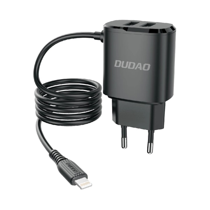 Incarcator Retea Dudao, Quick Charge 3.0, Cablu Lightning Integrat, 2 X USB, 12W, Negru - A2Pro