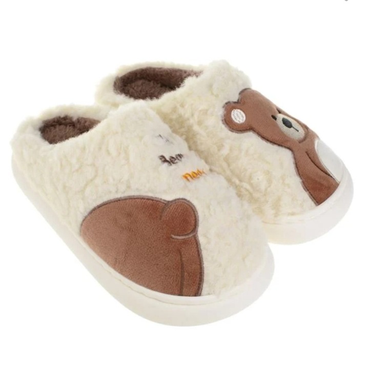 Papuci de iarna, pentru femei, din blana artificiala si talpa intarita, model ursulet, ecru, Ecru, 38-39