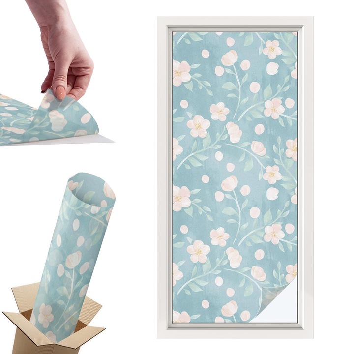 Самозалепващо декоративно фолио, Wallfluent, Пастелни цветя, Светлосин, 50 x 116 cm, с ефект на витраж, Слънчева защита и поверителност, 010450850040000011222