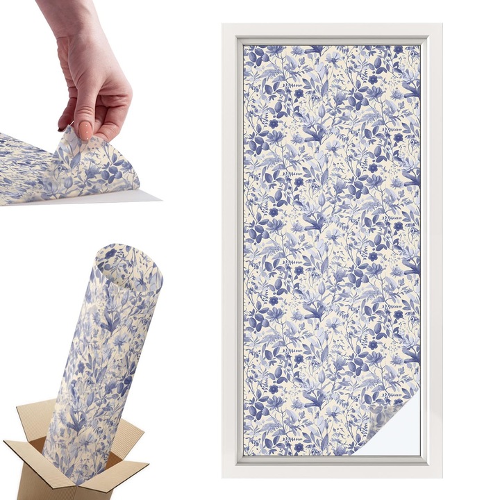 Декоративно фолио за стъкла и прозорци, Wallfluent, Флорална симетрия, Бежово, 50 x 116 cm, с ефект на витраж, Подходящо За Кухня, Баня, Офис, 010450850040000282863