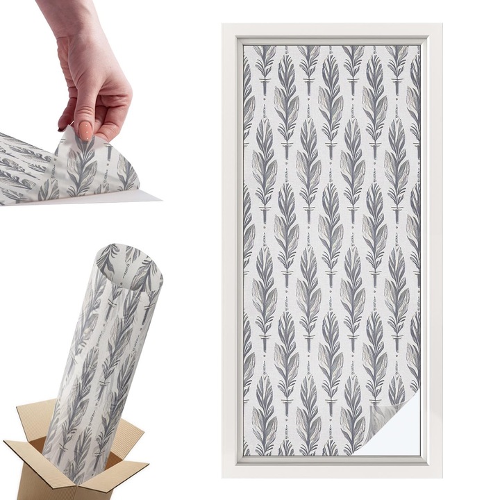 Декоративно фолио за стъкла и прозорци, Wallfluent, Елегантни пера, Бяло, 50 x 116 cm, с ефект на витраж, PVC Декоративно Покритие, 010450850040000281987