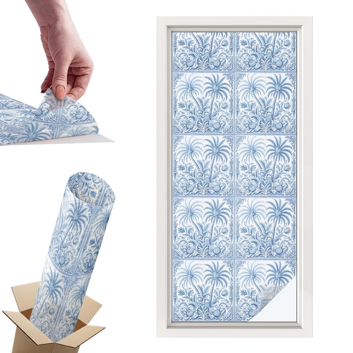 Folie pentru confidentialitate, Wallfluent, Peisaj tropical, Albastru, 50x116 cm, Pentru Usi de Sticla, Autoadeziva Decorativ, 010450850040000283267