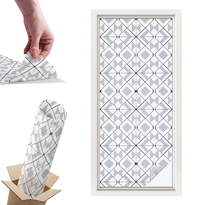 Декоративно фолио за прозорци, Wallfluent, Геометрични шарки, Бяло, 50 x 116 cm, с ефект на витраж, PVC, 010450850040000282972