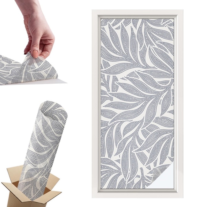 Folie Autoadeziva pentru Protectie Solara si Intimitate pentru Geam si Fereastra, Wallfluent, Picaturi de frunze, Gri, 50x116 cm, Blocare Solara, Autoadeziva Decorativ, 010450850040000288829