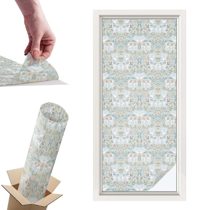 Folie Autoadeziva pentru Protectie Geamuri, Wallfluent, Flori de cerb, Albastru, 50x116 cm, Ofera Intimitate in Casa si Protectie Solara, Autoadeziva Decorativ, 010450850040000288811