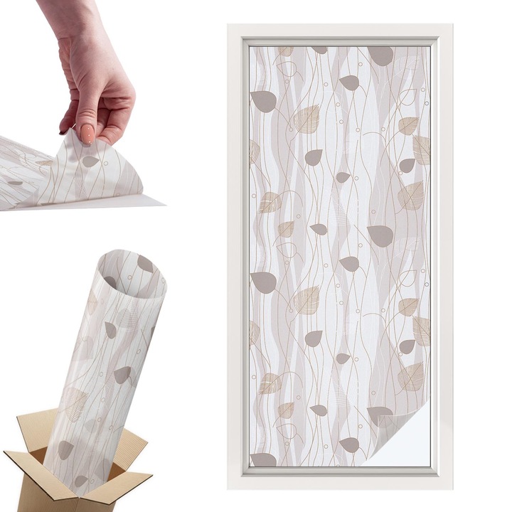 Folie Autoadeziva pentru Protectie Geamuri, Wallfluent, Frunze elegante, Maro, 50x116 cm, Ofera Intimitate in Casa si Protectie Solara, Autoadeziva Decorativ, 010450850040000033354