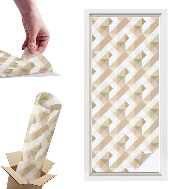 Декоративно фолио за прозорци, Wallfluent, Триъгълни шарки, Бежово, 50 x 116 cm, с ефект на витраж, Слънчева защита и поверителност, 010450850040000282970