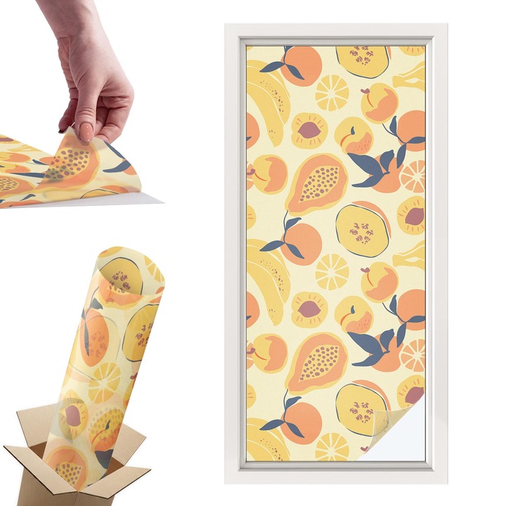 Самозалепващо декоративно фолио, Wallfluent, Сочни плодове, Жълт, 50 x 116 cm, с ефект на витраж, Подходящо За Кухня, Баня, Офис, 010450850040000282882