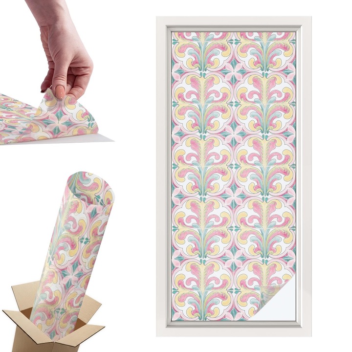 Декоративно фолио за прозорци, Wallfluent, Флорална симетрия, Розово, 50 x 116 cm, с ефект на витраж, Слънчева защита и поверителност, 010450850040000282924