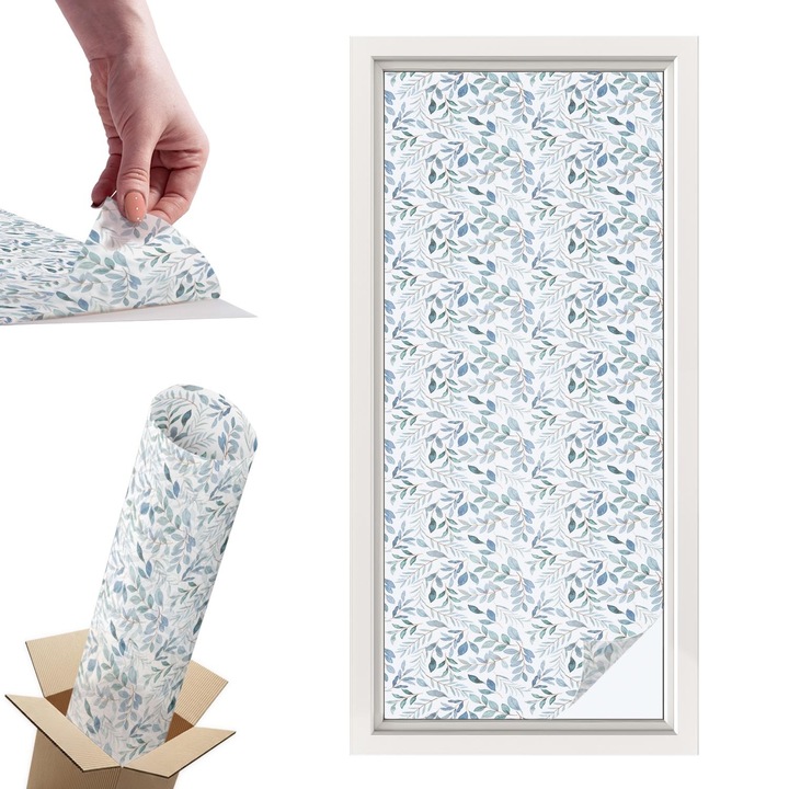 Декоративно фолио за стъкла и прозорци, Wallfluent, Идилични листа, Светлосин, 50 x 116 cm, с ефект на витраж, За Шкафове, Врати, Стени, Гладки Повърхности, 010450850040000276202