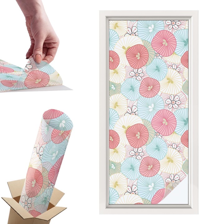 Folie Autoadeziva pentru Protectie Geamuri, Wallfluent, Flori pastelate, Multicolor, 50x116 cm, Ofera Intimitate in Casa si Protectie Solara, Autoadeziva Decorativ, 010450850040000012932