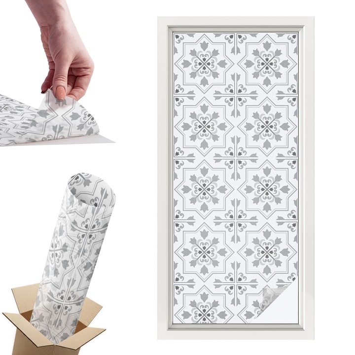 Самозалепващо декоративно фолио, Wallfluent, Симетрични орнаменти, Бяло, 50 x 116 cm, с ефект на витраж, Слънчева защита и поверителност, 010450850040000276731