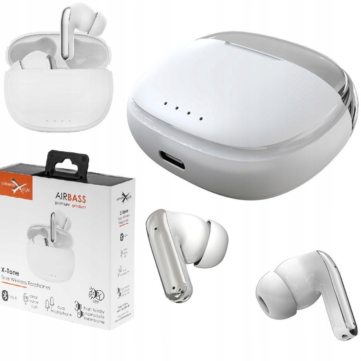 Casti wireless AirBASS X-Tone, alb, set cu etui de incarcare USB Type-C, 8 ore redare muzica