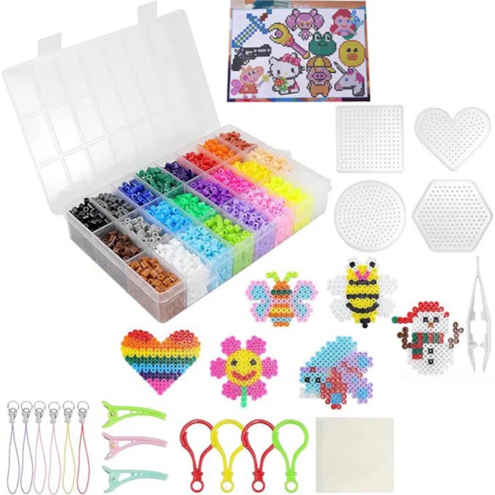 Set 13000 Margele de calcat Iron Beads, Piduules, 2, 6mm, cu 5 Sabloane, Hartie de calcat, 24 de culori diferite, Multicolor