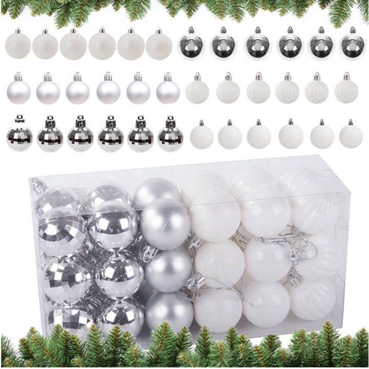 Set AB HOMES Globuri pentru Brad de Craciun, 3cm, 36 Piese, Argintii & Albe, Decor Festiv