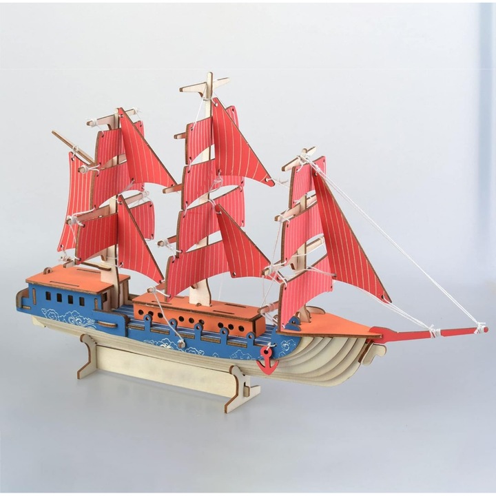 Macheta 3D din Lemn - Nava cu Panze Europeana din Lemn 77 piese – Puzzle DIY pentru Copii si Adulti, Cadou Creativ, Fara Lipici, Material Natural