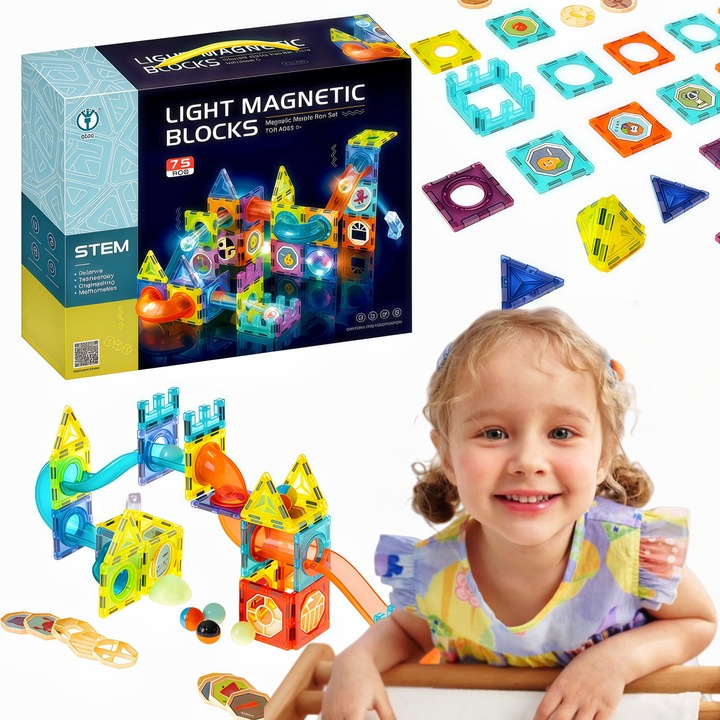 Комплект за изграждане Magic Light Magnets, Wacorresi®, Комплект за изграждане с магнитни плочки, Включва 75 части, Свети в тъмното, Силен магнит, Писта с топчета, 3 години+, Многоцветен