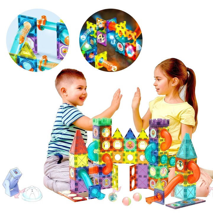 Set de Constructie Magnatic Wacorresi, 75 Piese, Include Traseu cu Bile, Pista cu Bile Luminoase, Blocuri ABS, STEM Educativ, numeroase posibilitati de construire, Cadou Copii 3+, Multicolor