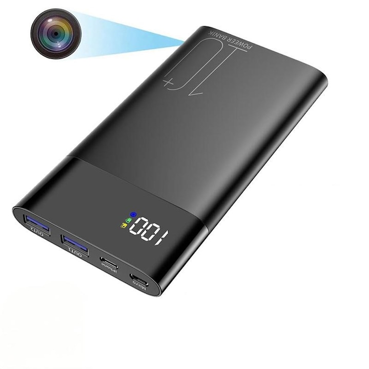 Шпионска WiFi камера, скрита в Power Bank 10.000mAh, Full HD/4K, Нощно виждане, Цифров дисплей, до 128GB, автономност 8–12 часа