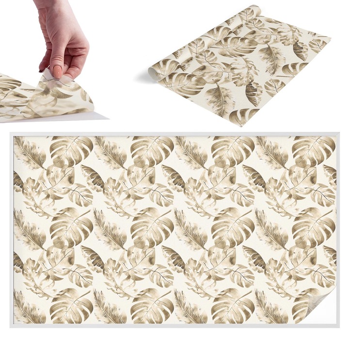 Folie geam intimitate, Wallfluent, Plante tropicale, Bej, 200x116 cm, Protectie Solara si Intimitate, Autoadeziva Decorativ, 010450850060000011277