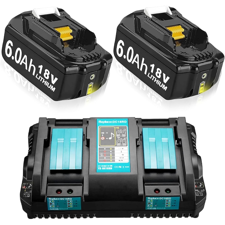 Set 2 Acumulator Li-Ion 18V 6000mAh, cu Incarcator rapid DC18RD, cu doua porturi de incarcare, potrivit pentru bateriile cu litiu-ion Makita de 14, 4V-18V LXT, inclusiv BL1815, BL1820, BL1830, BL1850, BL1860, BL1840