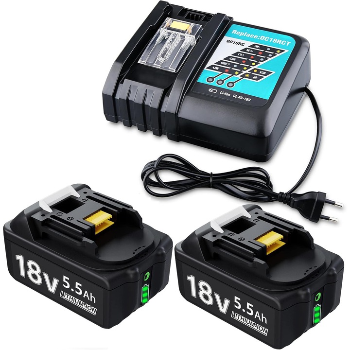 Set 2 acumulatori 18V 5500mAh + incarcator dual 4A, YOUKUKE®, compatibili cu Makita