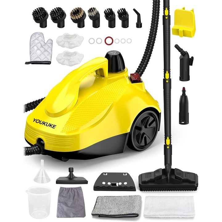 Aparat de curatat cu abur multifunctional YOUKUKE, 5 bar, 1500 W, capacitate 1,5 l, 25 accesoriI incluse, compact, autonomie 45 min, temperatura abur pana la 320°F (160°C), toate suprafetele, galben