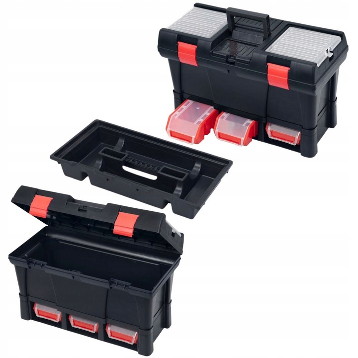 Patrol moduláris szerszámosláda, tálcával és 3 ErgoBox 2 Plus tárolóval, fekete-piros, 52.5x25.6x32.5cm