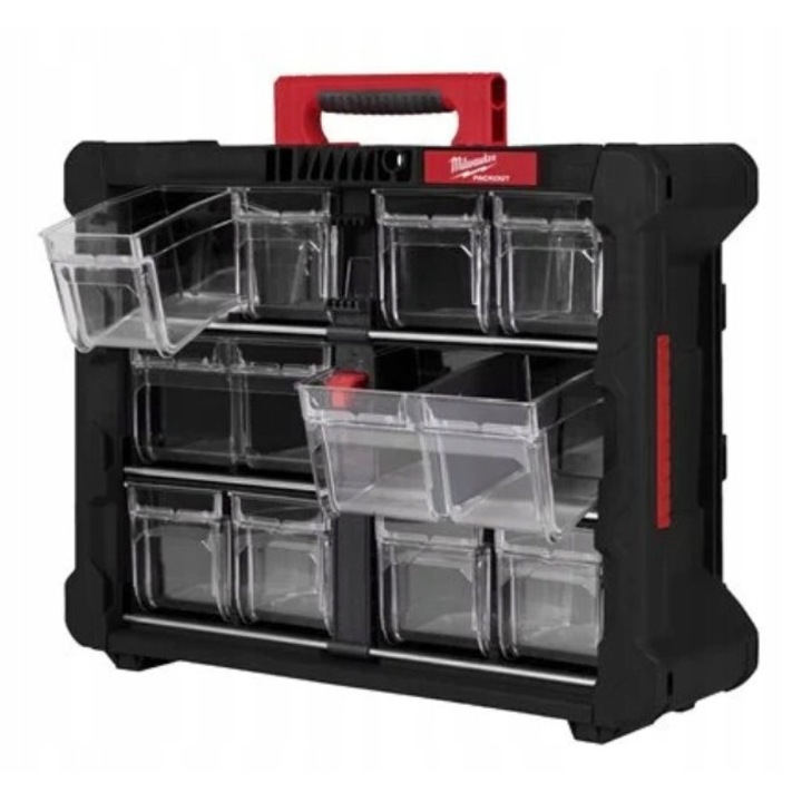 Organizator Milwaukee Packout Mare, 10 recipiente interioare, rezistent la impact, transparent, 40x28x12cm