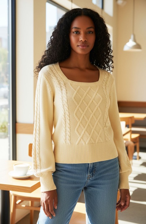 Női pulóver négyzet alakú dekoltázzsal és puffos ujjakkal, kötött, StarFashion, elegáns design, Bézs, One Size