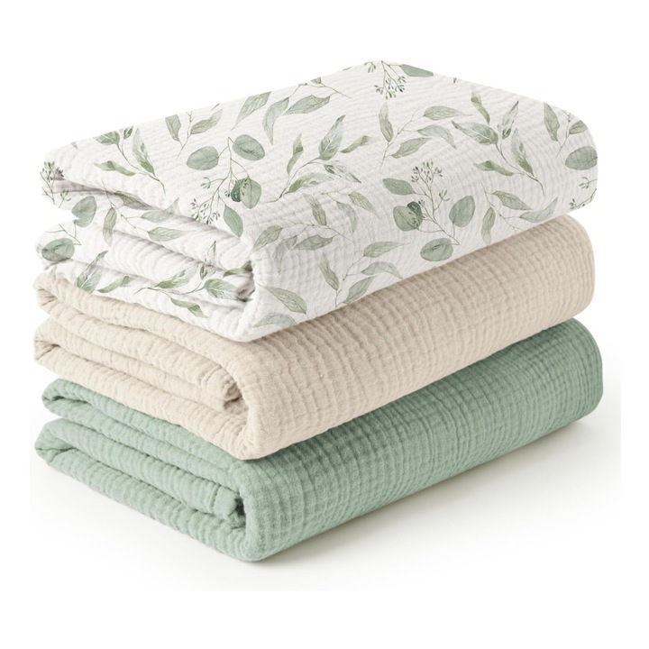 Set 3 Paturi Muselina Esther Beauty, 120x120cm, 6 Straturi, Verde multicolor