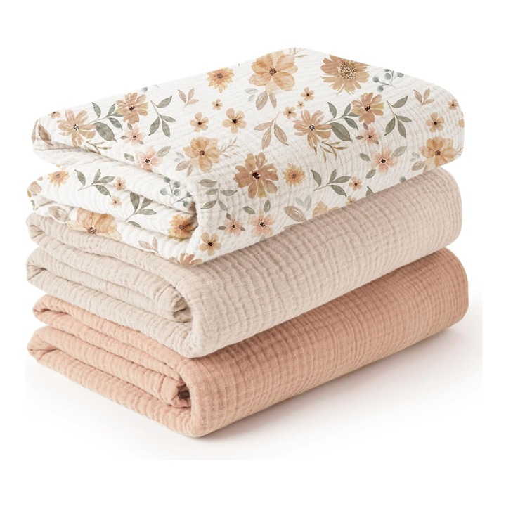 Set 3 Paturi Muselina pentru Bebelusi, Esther Beauty, 120x120 cm, Moale, Multicolor
