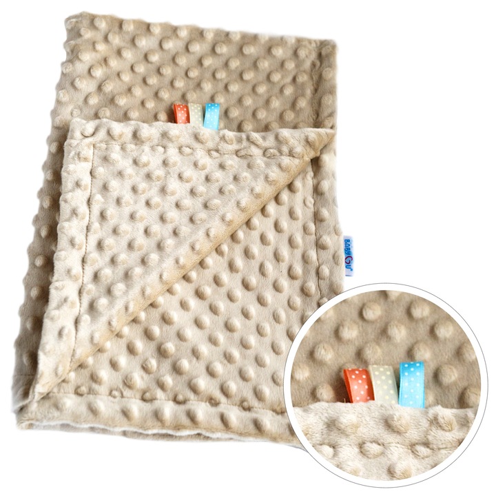 BabyU LEA takaró, kétrétegű, antiallergén, színes szenzoros szalagokkal, bézs, 75x55 cm