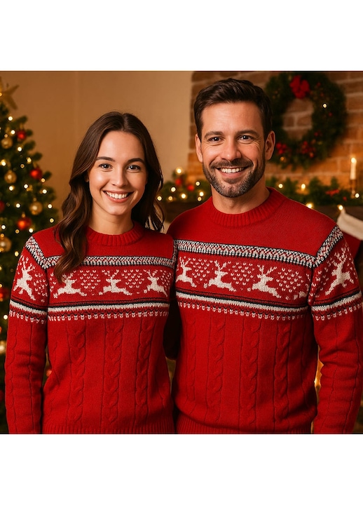 Unisex piros karácsonyi pulóver, rénszarvas és fonott mintával