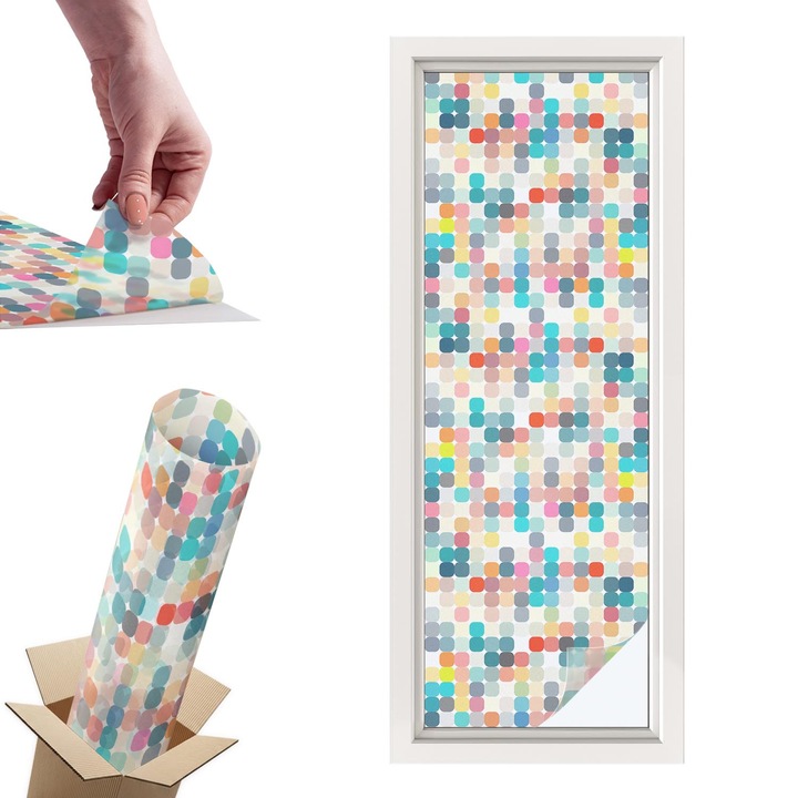 Folie Autoadeziva pentru Protectie Solara si Intimitate pentru Geam si Fereastra, Wallfluent, Patrate colorate, Multicolor, 50x146 cm, Blocare Solara, Autoadeziva Decorativ, 010450850070000012935