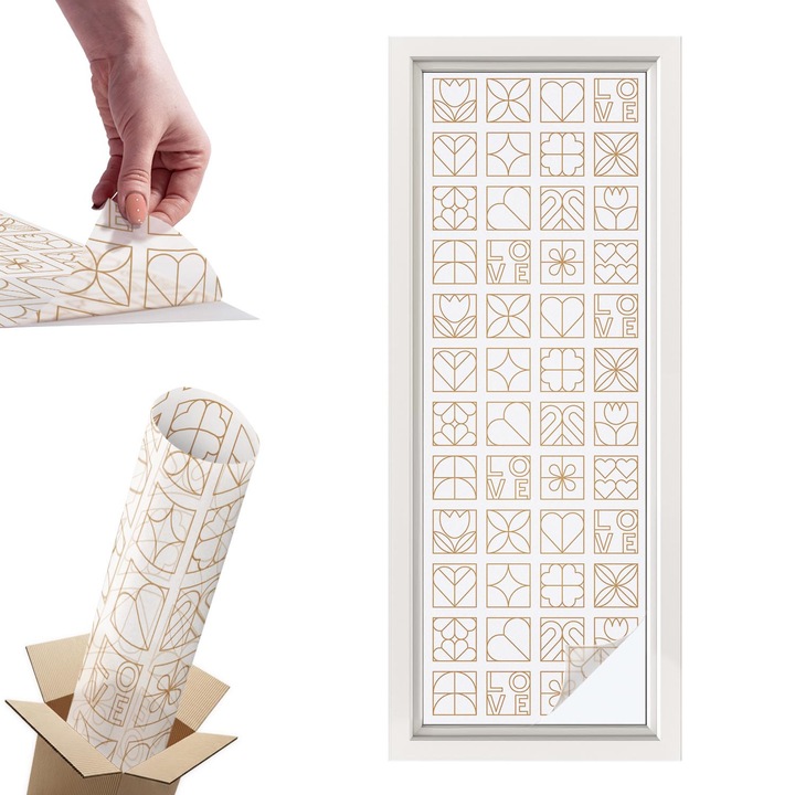 Folie geam intimitate, Wallfluent, Iubire geometrica, Alb, 50x146 cm, Protectie Solara si Intimitate, Autoadeziva Decorativ, 010450850070000288809