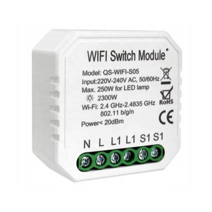 Modul WiFi RTX 1 Canal 2300W pentru Casa Inteligentă, programare zilnică, dimensiuni 46x52x17 mm, alb