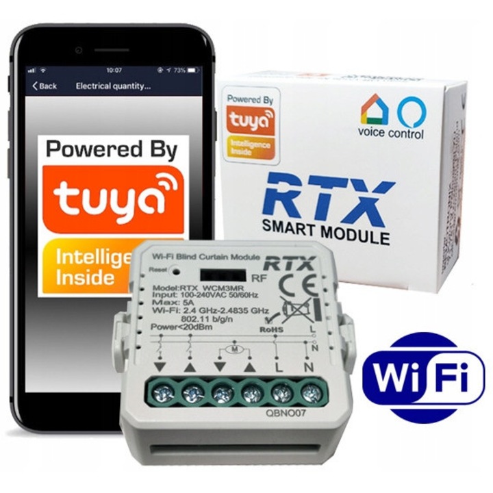 Modul control jaluzele RTX, compatibil Tuya WiFi + RF, unghi reglabil, 39x39x15mm