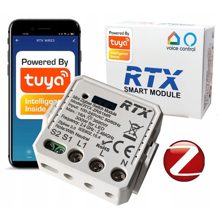 RTX TUYA ZigBee mini relé modul 16A fehér 39x39x15mm
