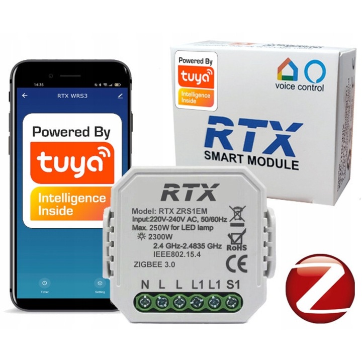 Releu inteligent, RTX, TUYA ZigBee, miniatura, masurare energie, 39x39x19mm