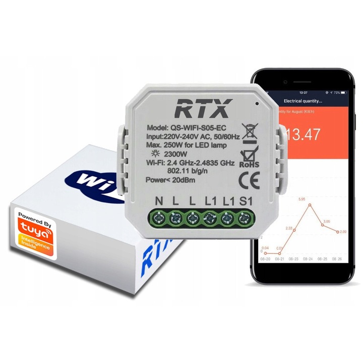 Modul WiFi RTX TUYA, energiafogyasztás mérés, 2300W, 46x51x17mm, hangvezérlés