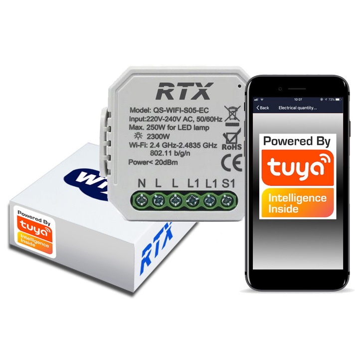 RTX TUYA WiFi modul, 1 csatornás, energiamérés, 2300W, 46x51x17mm