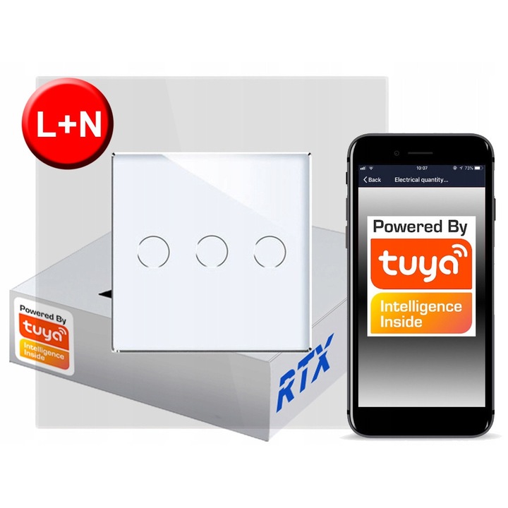 Érintőkapcsoló, RTX, 3 áramkör, ZigBee, fehér