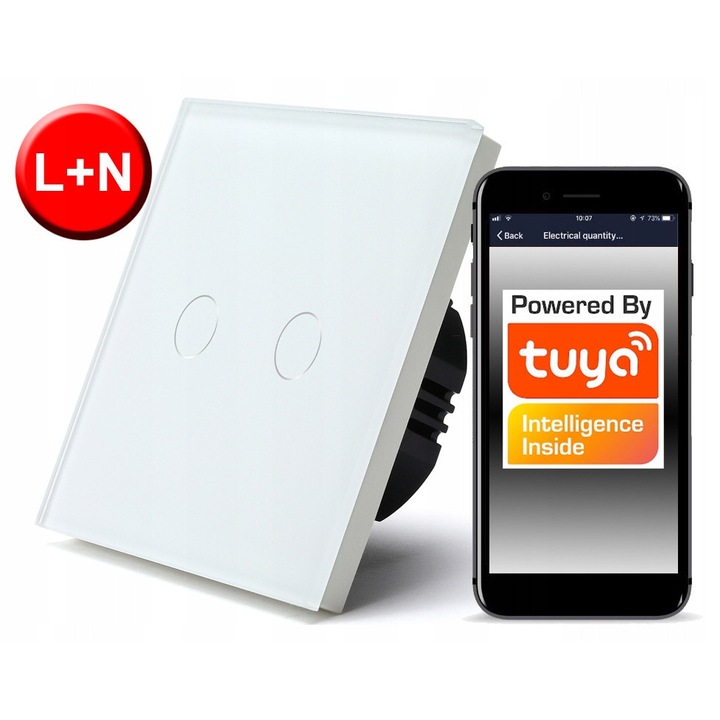 RTX WiFi érintőkapcsoló, 2 csatornás, üveg, fehér, 8,6x8,6x2,4cm