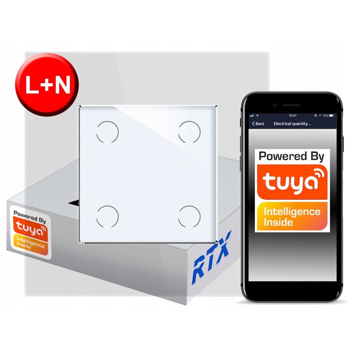 Comutator inteligent RTX SH, 4 circuite, panou sticlă securizată, Zigbee 3.0