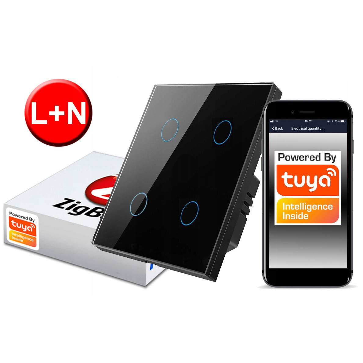 Comutator inteligent Zigbee RTX 4 cai, control mobil, sticlă neagră, L+N